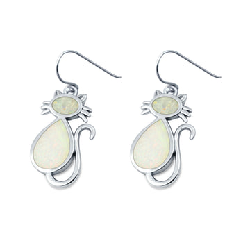 Dangling Cat Earrings Fish Hook Lab Created White Opal 925 Sterling Silver (19mm)